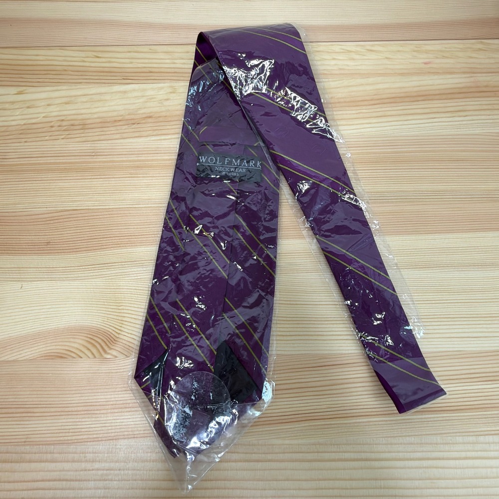 NWT Wolfmark Neckwear Tie Men Purple Gold Stripe 100% Silk Hand Made LSU Style - Picture 4 of 6
